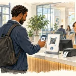 Visitor using QR code visitor sign-in at a workplace reception